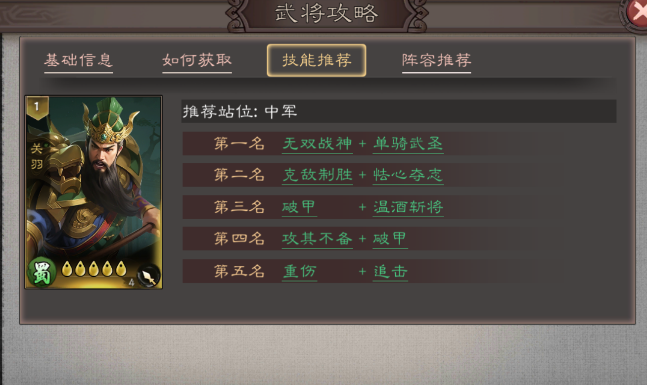 三国乱世霸王关羽技能搭配推荐