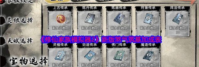 《修仙家族模拟器2》新版煞气筑基加成表